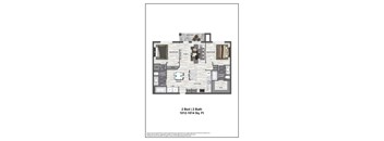 A floor plan of a 2 bedroom, 2 bathroom apartment sized 1012-1014 square feet.