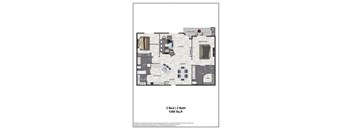 A floor plan of a 2 bedroom, 2 bathroom apartment sized 1266 square feet.