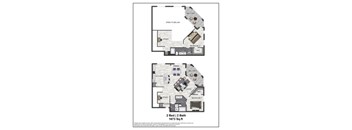 A floor plan of a 2 bedroom, 2 bath apartment.