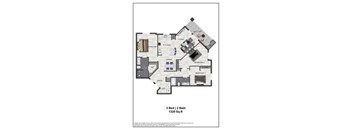 A floor plan of a 3 bedroom, 2 bathroom apartment sized 1320 square feet.
