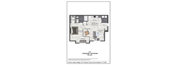 A floor plan of a one bedroom apartment with one bathroom.