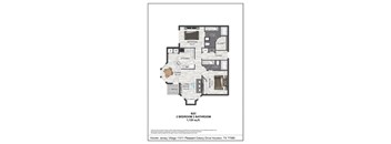 A floor plan for a two bedroom, two bathroom apartment.