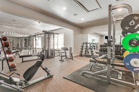 A well-equipped gym with various exercise machines and weights.