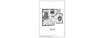A floor plan of a one bedroom apartment with a bathroom.