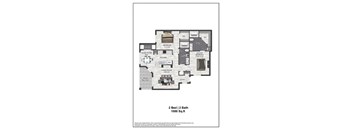 A floor plan of a 2 bedroom apartment with 2 bathrooms.