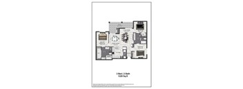 A floor plan of a 3 bedroom apartment with 2 bathrooms.