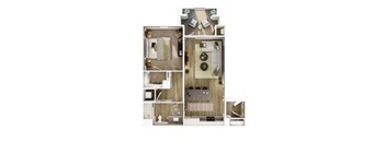 A floor plan of a small apartment with a kitchen, living room, and bedroom.