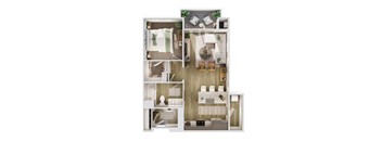 A floor plan of a small apartment with a bedroom, living room, kitchen, and bathroom.