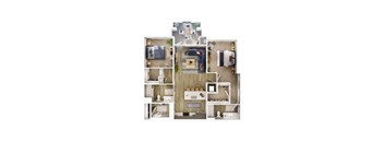 A floor plan of a small apartment with a kitchen, living room, and two bedrooms.