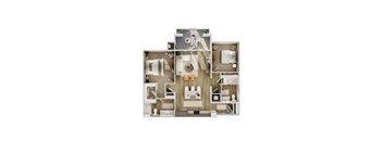 A cutaway view of a house showing the interior of a kitchen, living room, dining room, and bedrooms.