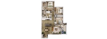 A floor plan of a house with a kitchen, living room, and bathroom.