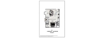 A floor plan of a one bedroom, one bathroom apartment.