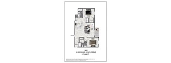 A floor plan of a 2 bedroom, 2 bathroom home with a garage.