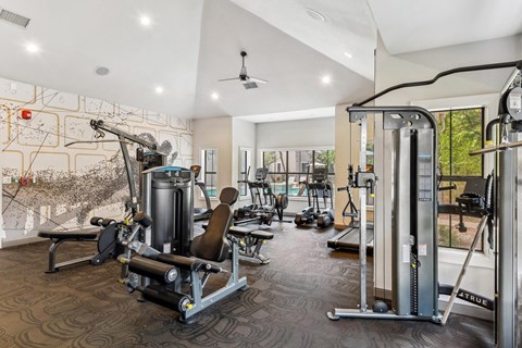 A gym with a variety of equipment including a weight bench, a leg press machine, and a cable machine.