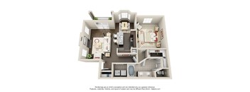 A 3D floor plan of a house with a kitchen, living room, dining room, and bathrooms.