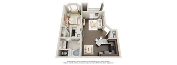 A 3D floor plan of a house with a kitchen, living room, and bathroom.