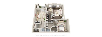 A 3D floor plan of a house with labeled rooms.