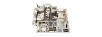 A 3D floor plan of a house with a kitchen, living room, dining room, and bathrooms.