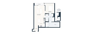 A floor plan of a house with a living room, kitchen, bathroom, and closet.