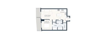 A floor plan of a house with a living room, kitchen, bedroom, bathroom, powder room, and closet.