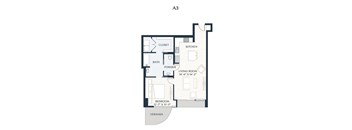 A drawing of a floor plan of a living space with a kitchen, bathroom, and bedroom.