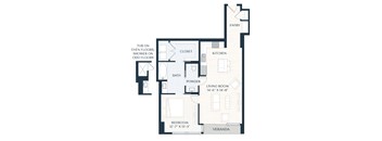A floor plan of a house with a living room, bedroom, powder room, and kitchen.