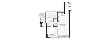A floor plan of a house with a bedroom, bathroom, kitchen, living room, powder room, and closet.