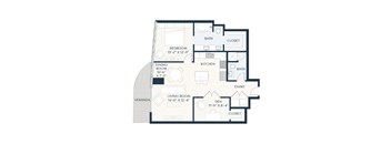 A floor plan of a house with a living room, dining room, kitchen, bedroom, and bathrooms.