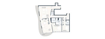 A black and white image of a house floor plan with a living room, dining room, kitchen, and several bedrooms.