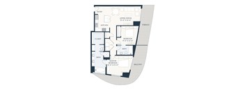 A floor plan of a house with a living room, kitchen, two bedrooms, a bathroom, a closet, and a balcony.
