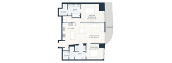 A floor plan of a house with a master bedroom, living room, kitchen, and two other bedrooms.