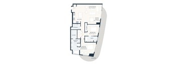 A floor plan of a house with a living room, kitchen, dining room, two bedrooms, a bathroom, and a powder room.