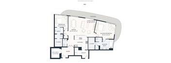 A black and white image of a floor plan for a home with a living room, dining room, kitchen, and multiple bedrooms.