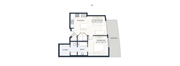 A floor plan of a small apartment with a living room, kitchen, bedroom, bathroom, and closet.
