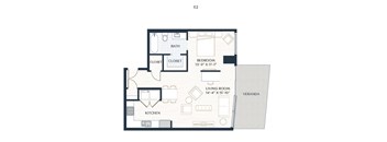 A floor plan of a small apartment with a living room, kitchen, and two bedrooms.