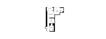 A floor plan of an apartment with a living/dining area, kitchen, and bedroom.
