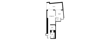 A floor plan of a house with a balcony, two bedrooms, a living/dining area, a kitchen, a bathroom, and a laundry closet.