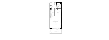 A floor plan of a home with a living/dining area, kitchen, and two bedrooms.