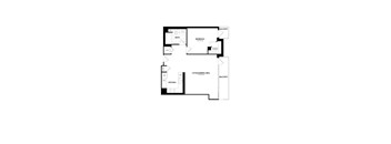 A floor plan of a home with a living room, dining room, kitchen, and two bedrooms.