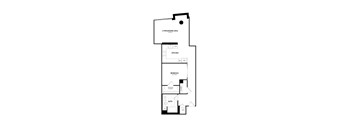 A black and white floor plan of a house with a living/dining area, kitchen, and bedrooms.