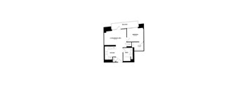 A floor plan of a small apartment with a living room, kitchen, and bathroom.
