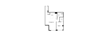 A floor plan of a house with a kitchen, living room, and bedroom.