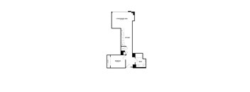 A black and white floor plan of a home with a living and dining area, kitchen, bath, and bedroom.