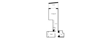 A floor plan of an apartment with a bedroom, living/dining area, and kitchen.