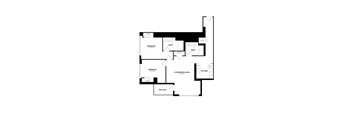 A black and white floor plan of an apartment with two bedrooms, a living/dining area, a kitchen, a bath, and a balcony.