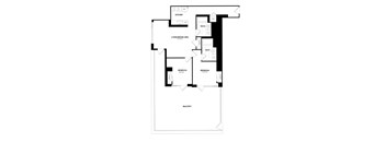 A black and white floor plan of a house with a kitchen, living/dining area, two bedrooms, a bathroom, and a balcony.