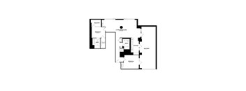 A black and white floor plan of a house with two bedrooms, a living area, a kitchen, a bath, and a balcony.