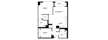 A black and white image of a house floor plan with a balcony, two bedrooms, a living/dining area, a kitchen, and two bathrooms.