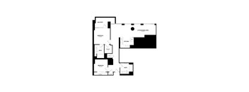 A black and white image of a house plan with two bedrooms, a balcony, a living area, a kitchen, and a bathroom.