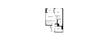 A black and white floor plan of an apartment with a living area, two bedrooms, a kitchen, and a bathroom.